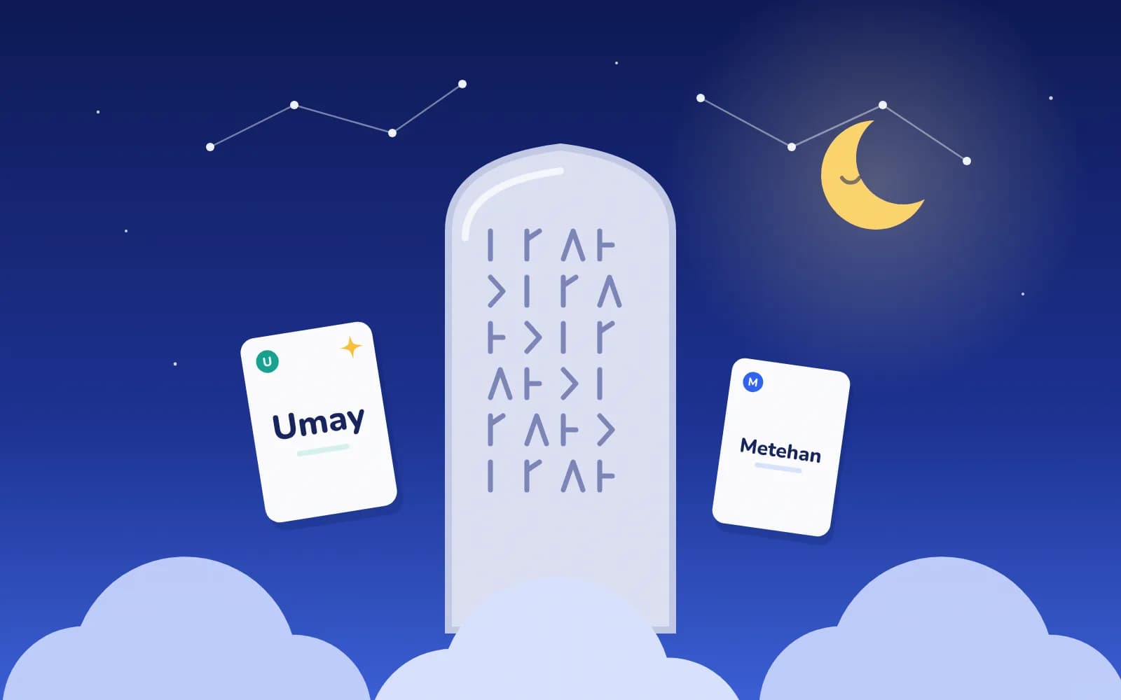 Gece mavisi gökyüzünde ay ışığında duran, Umay, Metehan ve Bilge yazan üç beyaz isim kartı, çevrelerinde yazıt çizgilerini andıran yıldızlar